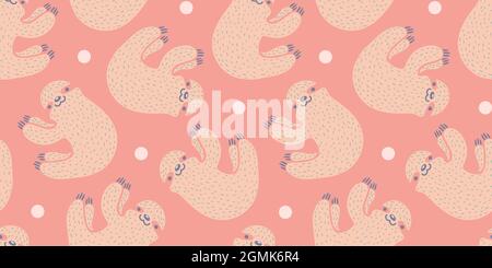 Vector seamless pattern with cute sloth. Vector pattern with sloth superhero and dots. Stock Vector