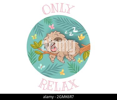 Vector illustration of a sleep sloth on branch with green leaves. Sloth and butterflyes. Only relax. Stock Vector