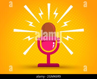 Vintage vector illustration of retro pink microphone and text of Danger. Microphone on yellow halftone background. Stock Vector