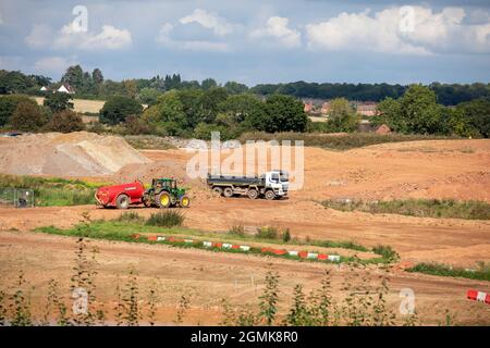 Construction work starting on the HS2 tunnel that will go under Burton Green and divide the village of Burton Green in Warwickshire. Pictured, construction work alongside the Kenilworth Greenway taking place. Stock Photo