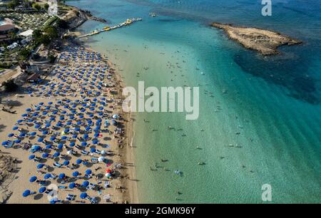 Aerial drone photograph of fig tree bay beach. Summer vacations cyprus. Stock Photo