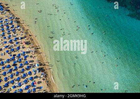 Aerial drone photograph of fig tree bay beach. Summer vacations cyprus. Stock Photo
