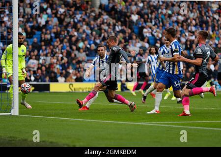 19th September 2021; American Express Community Stadium, Brighton, East  Sussex England; Premier League football Brighton &amp; Hove Albion versus Leicester City; Jamie Vardy of Leicester City shoots to score his sides 1st goal in the 61st minute to make it 2-1 Credit: Action Plus Sports Images/Alamy Live News Stock Photo