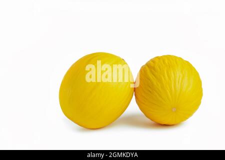 Melon on a white background. Two yellow melons on a white isolate. For insertion into a project, design or advertisement. Stock Photo