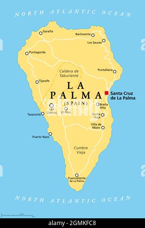 La Palma island, political map, with capital Santa Cruz. San Miguel de La Palma, north-western island of Canary Islands, autonomous community of Spain Stock Photo