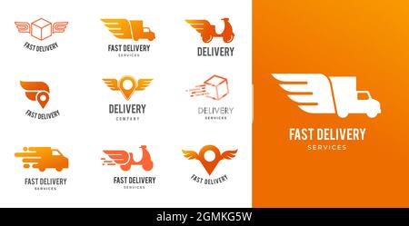 Blue delivery logos collection, set of emblems, symbols and icons. Fast delivery concept design Stock Vector