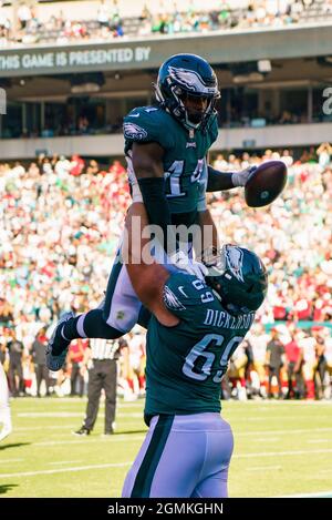 Philadelphia Eagles running back Kenneth Gainwell (14) reacts to the  touchdown during the NFL football game against the Jacksonville Jaguars,  Sunday, Oct. 2, 2022, in Philadelphia. (AP Photo/Chris Szagola Stock Photo  - Alamy