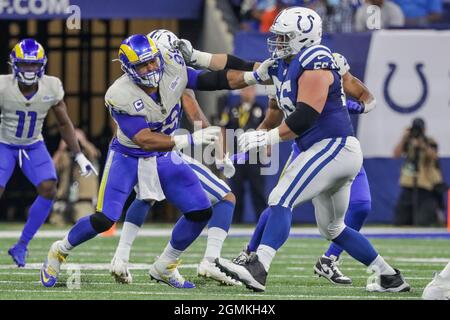 Indianapolis, Indiana, USA. 19th Sep, 2021. Los Angeles Rams defensive end Aaron Donald (99) squares off against Indianapolis Colts offensive guard Quenton Nelson (56) in the game between the Los Angeles Rams and the Indianapolis Colts at Lucas Oil Stadium, Indianapolis, Indiana. (Credit Image: © Scott Stuart/ZUMA Press Wire) Credit: ZUMA Press, Inc./Alamy Live News Stock Photo