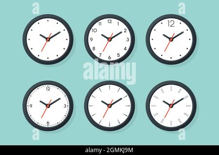 Flat Vector Wall Office Clock Icon Set Isolated. White Dial. Design Template of Wall Clock. Time Concept. Top, Front View Stock Vector