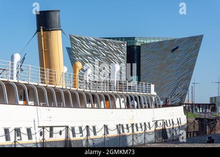 Titanic Belfast Museum and SS Nomadic, Hamilton Dock, City of Belfast, Northern Ireland, United Kingdom Stock Photo