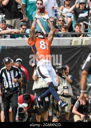 Denver Broncos wide receiver Tim Patrick (81) against the New York Jets  during the first half of an NFL football game, Sunday, Sept. 26, 2021, in  Denver. (AP Photo/David Zalubowski Stock Photo - Alamy