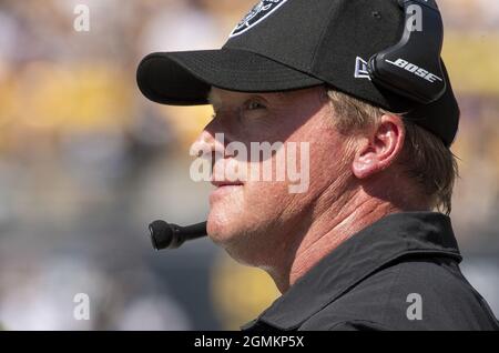 Pittsbugh, United States. 19th Sep, 2021. Las Vegas Raiders head coach Jon Gruden during the first quarter of the Raiders 26-17 win against the Pittsburgh Steelers at Heinz Field on Sunday, September 19, 2021 in Pittsburgh. Photo by Archie Carpenter/UPI Credit: UPI/Alamy Live News Stock Photo