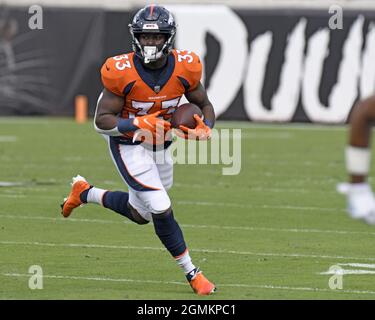 Jacksonville, United States. 19th Sep, 2021. Running Back Javonte Williams returns a kickoff as the Broncos compete against the Jaguars at the TIAA Bank Field in Jacksonville, Florida on Sunday September 19, 2021. The Broncos defeated the Jaguars 23-13. Photo by Joe Marino/UPI Credit: UPI/Alamy Live News Stock Photo