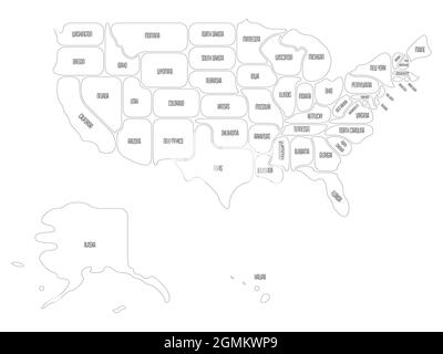 Simplified map of USA, United States of America. Rounded shapes of states with smooth border. Simple flat vector map with state name labels Stock Vector