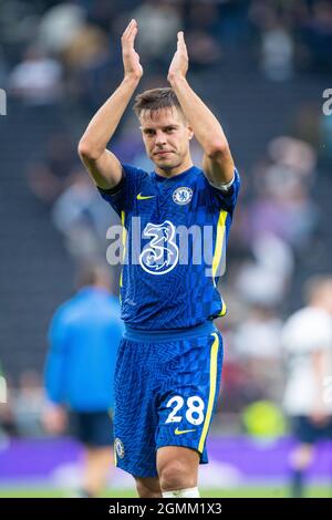 César Azpilicueta of Chelsea celebrate during the Premier League match between Tottenham Hotspur and Chelsea at Tottenham Hotspur Stadium on September Stock Photo