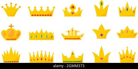 Crown low and high with different precious stones, for lot of titles set. Crowns and tiaras for the king and queen. Refined elements for design. Indicator of the high quality of the product. Vector Stock Vector