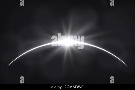 Sun eclipse. Solar ring on dark backdrop. Planet with sun rays. Abstract light effect. White glow in space. Earth horizon with lights. Vector Stock Vector