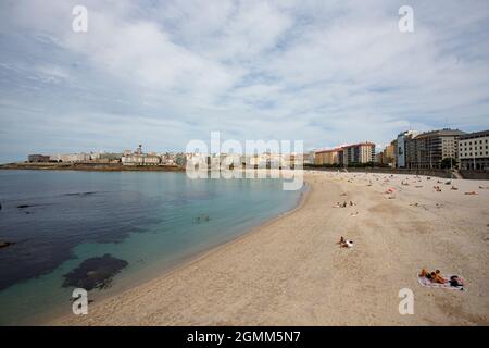 Panoramic view of Orzan beach and the city of La Coruna, in the Galicia region of Spain on September12,2021 Stock Photo