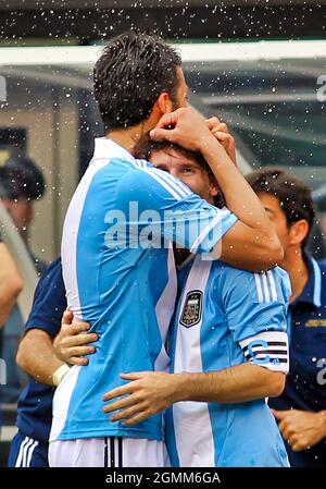 JUNE 09 2012:  Lionel Messi (10) of Argentina after scoring his third goal, the game winner against Brazil during an international friendly match at M Stock Photo