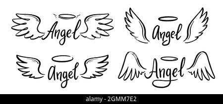 Angel wing with halo and angel lettering text set. Hand drawn line sketch style wing. Simple vector illustration. Stock Vector