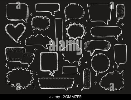 Comic speech bubble set with round, star, cloud shape. Hand drawn sketch doodle style on chalkboard background. Vector illustration speech bubble chat, message element for quote text. Stock Vector