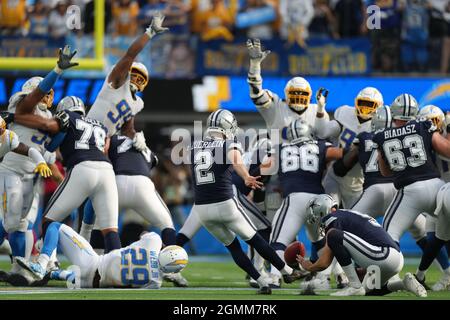 September 19, 2021 Dallas Cowboys corner back Trevon Diggs (7) celebrates  after intercepting a pass during the NFL football game between the Los  Angeles Chargers and the Dallas Cowboys at SoFi Stadium