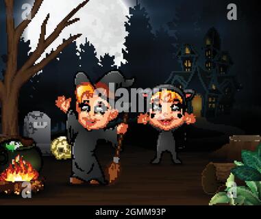 Cartoon of witch and cat outdoors in the night Stock Vector
