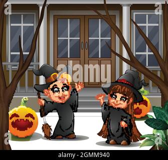 Happy witch couple standing in front of the house Stock Vector