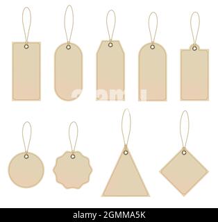 Set of tags on craft paper with rope. Blanks with rope. Shopping labels and price tags in different shapes. Vector Stock Vector