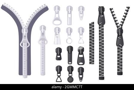 Set of different zippers vector illustration on white background Stock Vector