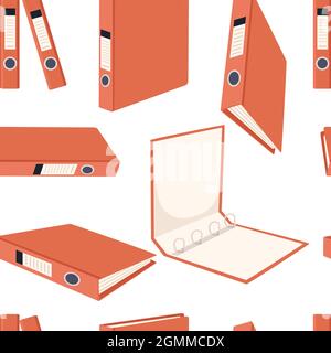 Seamless pattern red color office supplies hard cardboard folders with iron rings office accessories vector illustration on white background Stock Vector