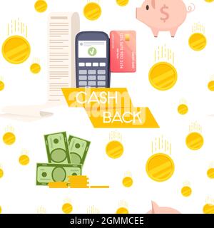 Seamless pattern POS terminal payment machine with paper bill check approve transaction concept with cashback vector illustration on white background Stock Vector