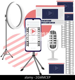 Seamless pattern or film production cinematography concept media player on smartphone with professional tools vector illustration on white background Stock Vector
