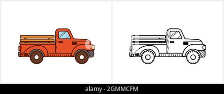 Retro red pickup truck coloring page for kids Stock Vector