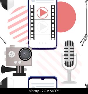 Seamless pattern or film production cinematography concept media player on smartphone with professional tools vector illustration on white background Stock Vector