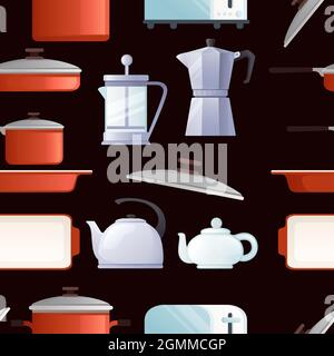 Seamless pattern of different types teapots electric coffee ceramic and metal kettles vector illustration on dark background Stock Vector