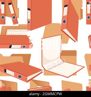 Seamless pattern red color office supplies hard cardboard folders with iron rings office accessories vector illustration on white background Stock Vector