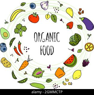 Set of different kinds of vegetables, greens and fruits. Various doodles, simple hand drawn sketches with organic food text in the round. Stock Vector