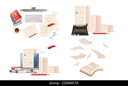 Set of office workplace for education with books paper and computer vector illustration on white background Stock Vector