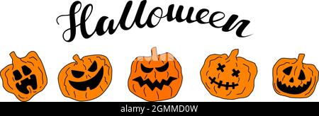Set of halloween angry faces pumpkins with lettering text Stock Vector