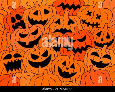Halloween Illustration pattern with angry pumpkins on orange background Stock Vector