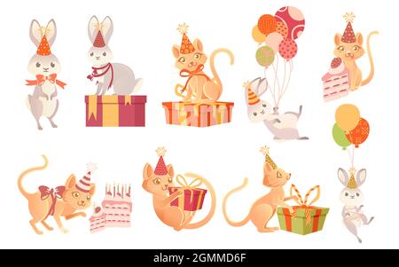 Set of cute animals wearing birthday cone hat and with gifts cartoon animal design vector illustration on white background Stock Vector