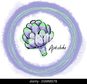 Watercolor hand drawn illustration of green and purple artichoke in the round board. EPS 10. Stock Vector