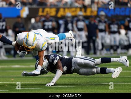 Safety (28) Malik Hooker of the Dallas Cowboys warms up before playing  against the Los Angeles Rams in an NFL football game, Sunday, Oct. 9, 2022,  in Inglewood, Calif. Cowboys won 22-10. (