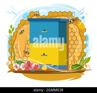 Apiary. Rural farm landscape with bee hive in a summer meadow. Bee honeycomb. Brand label. Isolated on white background. Beekeeper illustration with b Stock Vector