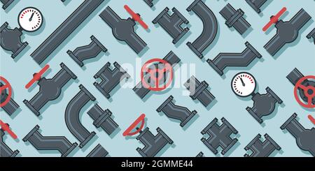 Pipe fittings, taps, bends and fittings. Spare parts for pipelines, sewerage, gas lines and any liquid supply. Illustration Seamlessly Patten Vector. Stock Vector