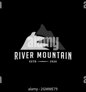 Rustic vintage Mountain peak river logo design vector, outdoor Landscape Hills with grunge rustic graphic illustrations Stock Vector