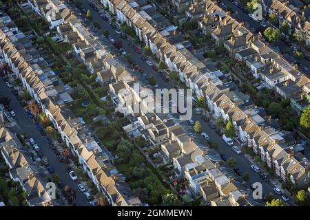 File photo dated 13/08/17 of an aerial view of terraced houses in south west London. More than half of new mortgage lending is going to borrowers who will not have paid off their home loan before their 65th birthday, according to a trade association. Longer mortgage terms and an ageing population are helping to drive the trend towards later life borrowing, UK Finance said. Issue date: Monday September 20, 2021. Stock Photo