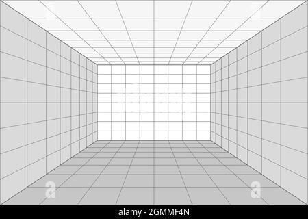 Grid perspective white room with gray wireframe background. Digital cyber box technology model. Vector abstract architectural template Stock Vector