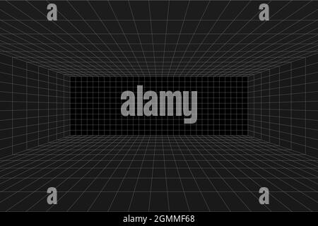 Grid perspective black room. Gray wireframe background. Digital cyber box technology model. Vector abstract architectural template Stock Vector